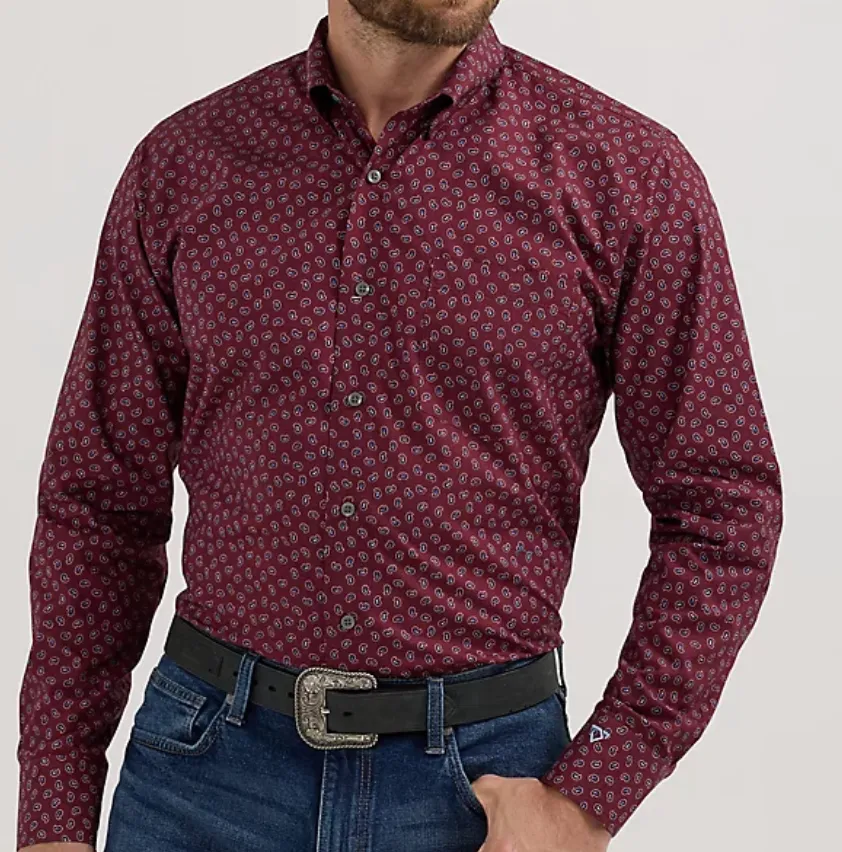 112357673- Wrangler men's Cody Johnson Button LS- Burgundy Flower