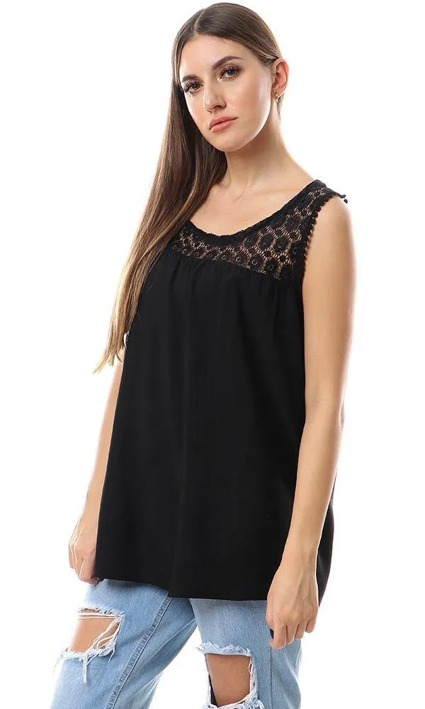 57152 Perforated Lace Neck Sleeveless Blouse - Black