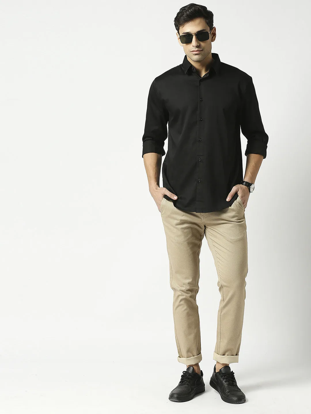 Black Cotton Satin Lycra Solid Shirt