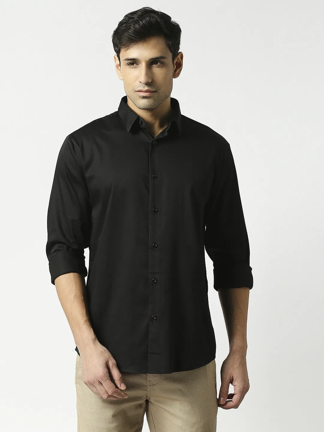 Black Cotton Satin Lycra Solid Shirt