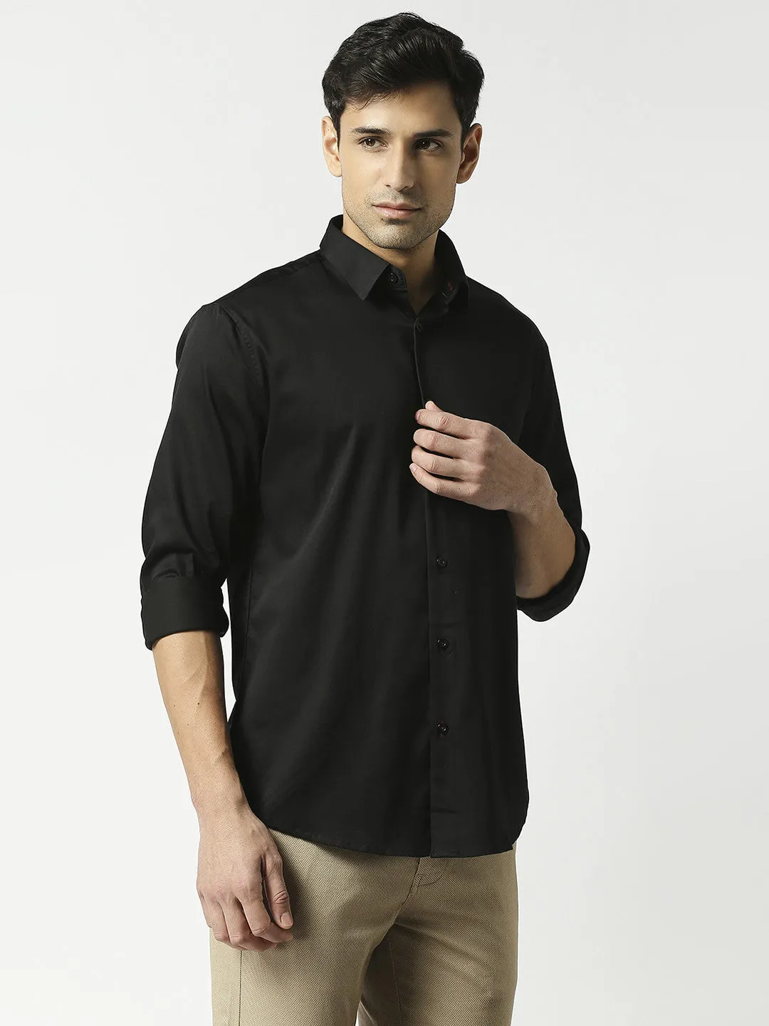 Black Cotton Satin Lycra Solid Shirt