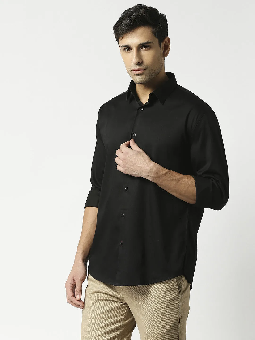 Black Cotton Satin Lycra Solid Shirt