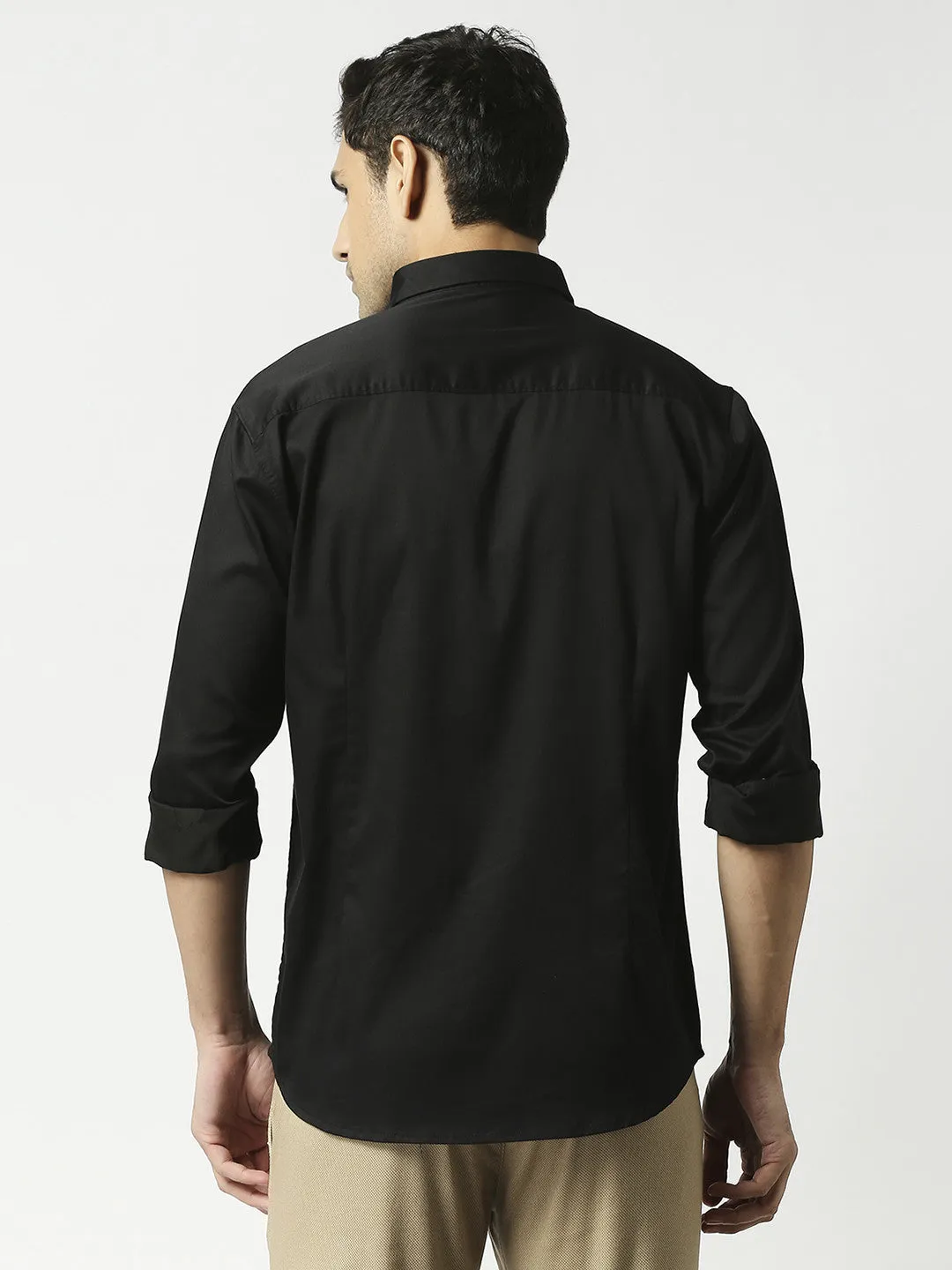 Black Cotton Satin Lycra Solid Shirt