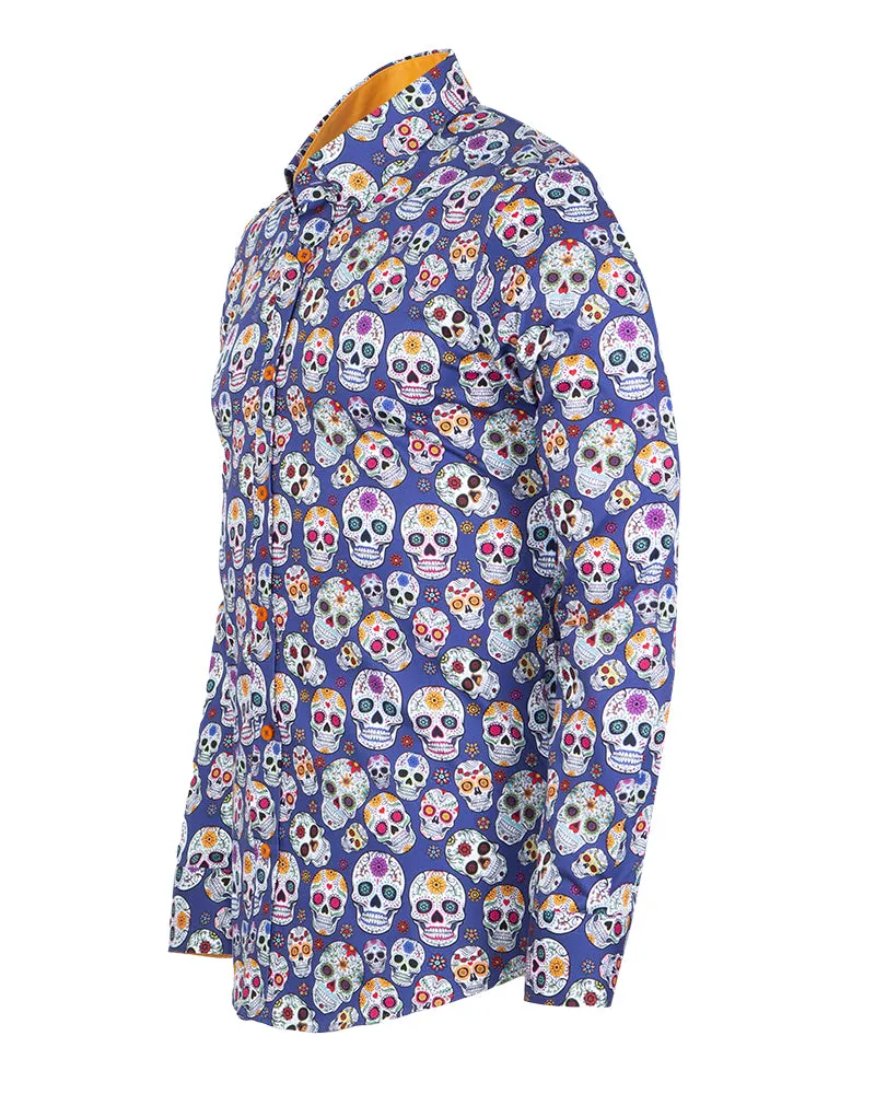 Dark Blue day of the dead Skull Print Shirt with Matching Handkerchief