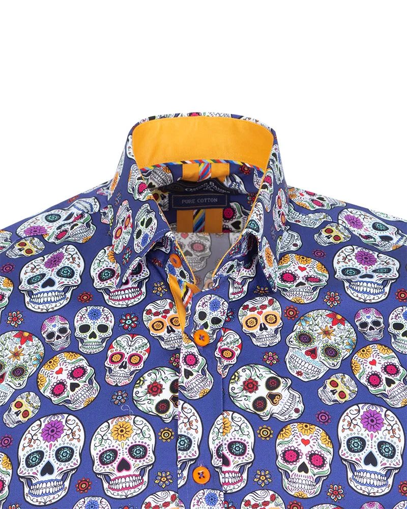 Dark Blue day of the dead Skull Print Shirt with Matching Handkerchief