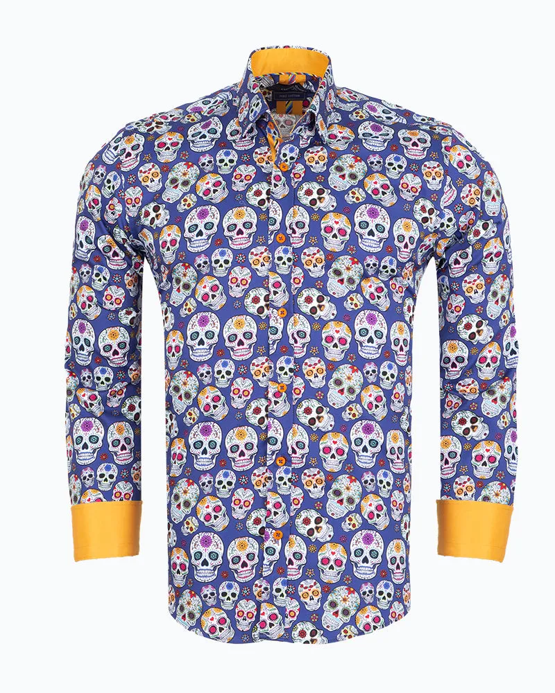 Dark Blue day of the dead Skull Print Shirt with Matching Handkerchief