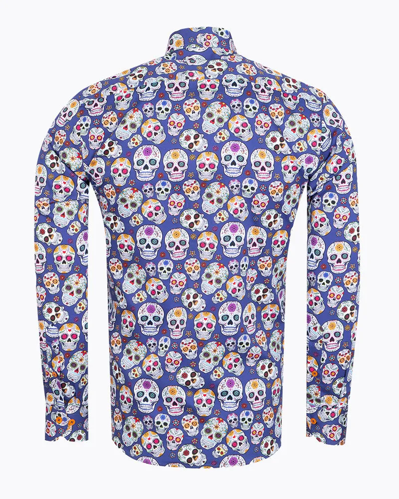 Dark Blue day of the dead Skull Print Shirt with Matching Handkerchief