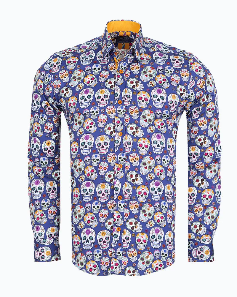 Dark Blue day of the dead Skull Print Shirt with Matching Handkerchief