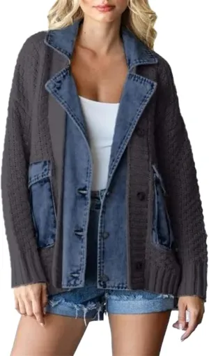 Dearlassie Denim Cardigan, Women's Loose Denim Sweater Knitted Cardigan, Chunky Knit with Pockets