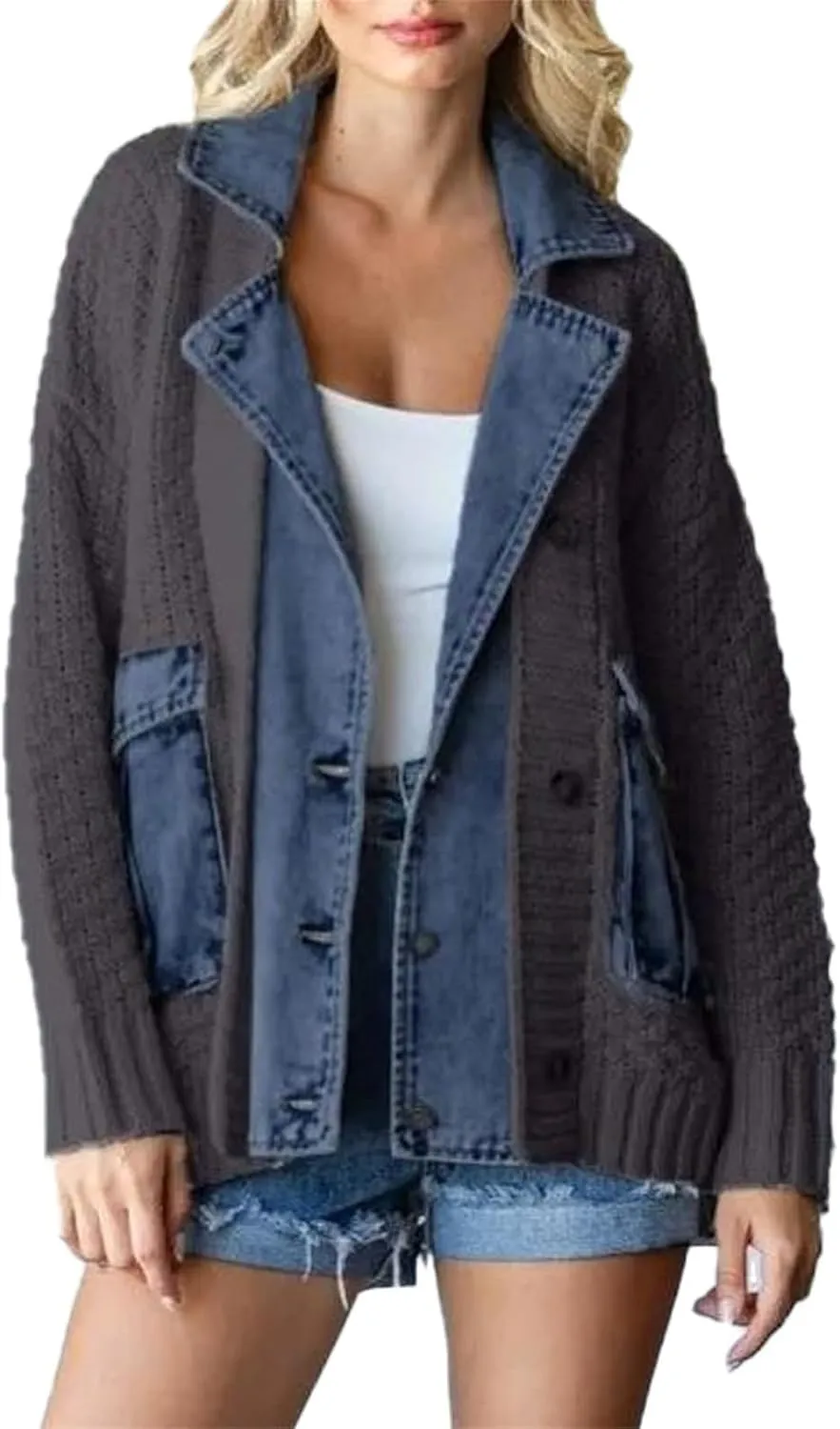 Dearlassie Denim Cardigan, Women's Loose Denim Sweater Knitted Cardigan, Chunky Knit with Pockets