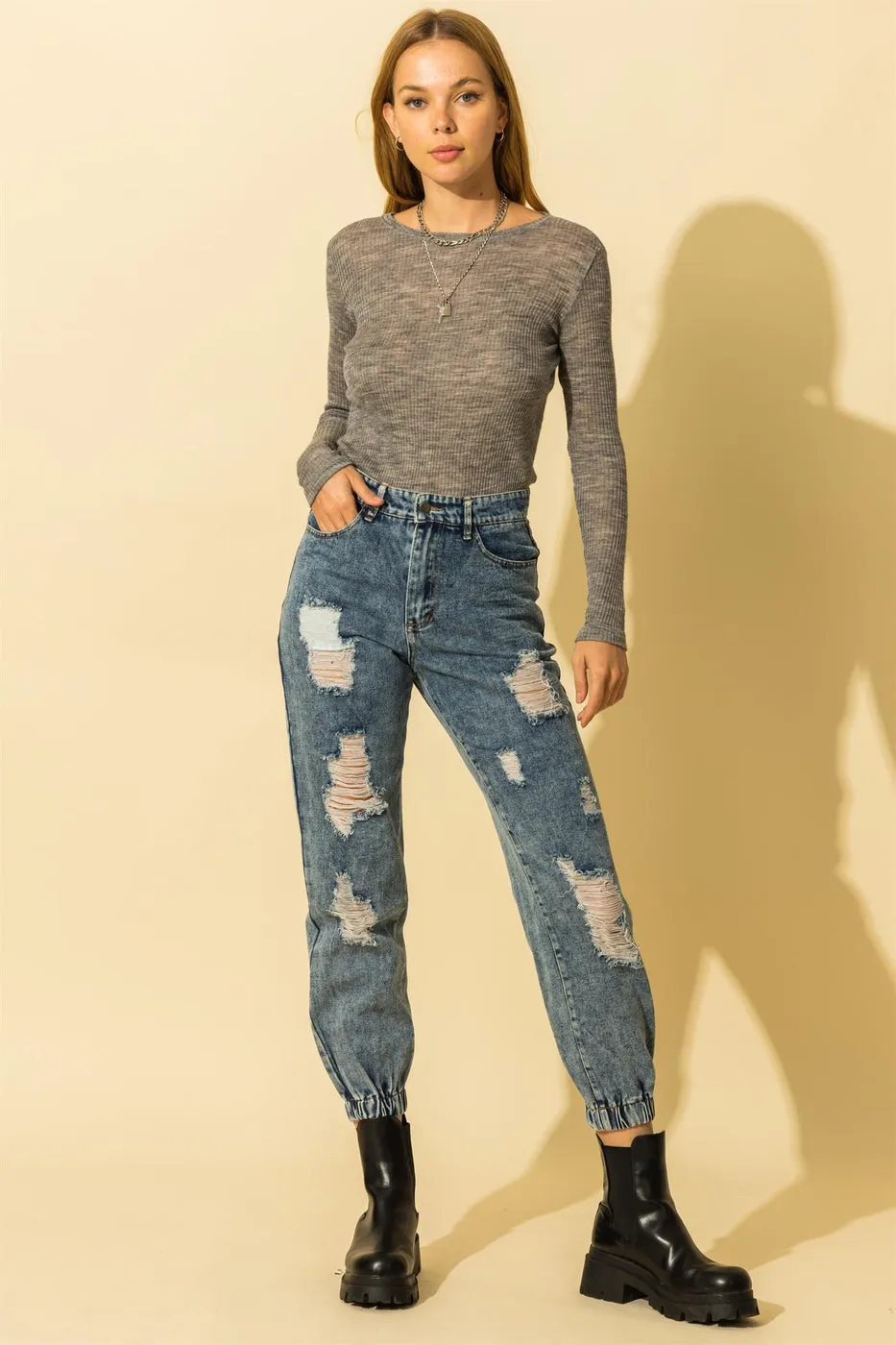 Distressed Denim Jogger