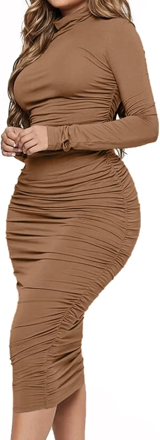 Ekaliy Women's Ruched Bodycon Midi Dress Mock Neck Long Sleeves Party Club Dresses