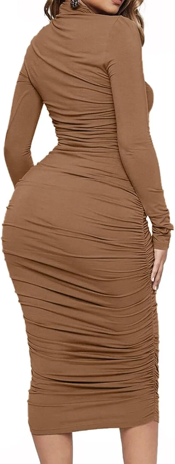 Ekaliy Women's Ruched Bodycon Midi Dress Mock Neck Long Sleeves Party Club Dresses