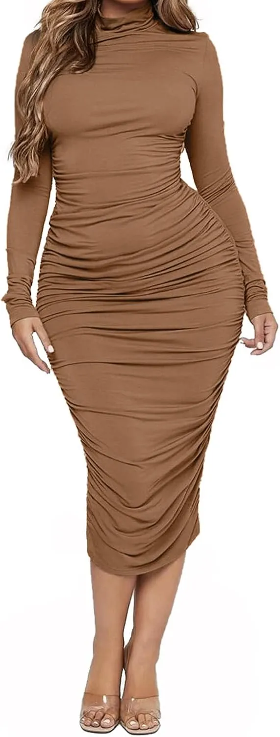Ekaliy Women's Ruched Bodycon Midi Dress Mock Neck Long Sleeves Party Club Dresses