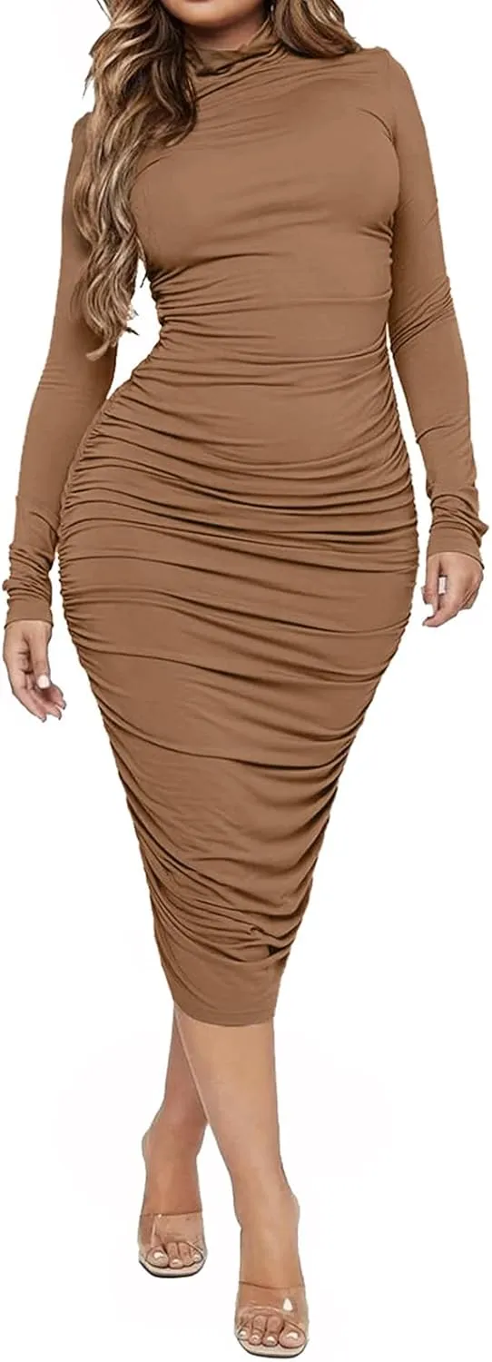 Ekaliy Women's Ruched Bodycon Midi Dress Mock Neck Long Sleeves Party Club Dresses