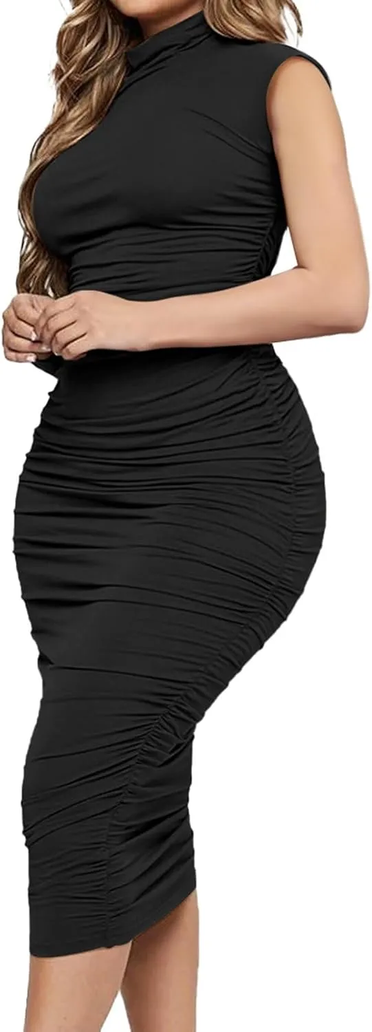 Ekaliy Women's Ruched Bodycon Midi Dress Sexy Mock Neck Sleeveless Pencil Dresses