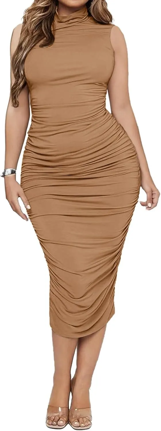 Ekaliy Women's Ruched Bodycon Midi Dress Sexy Mock Neck Sleeveless Pencil Dresses