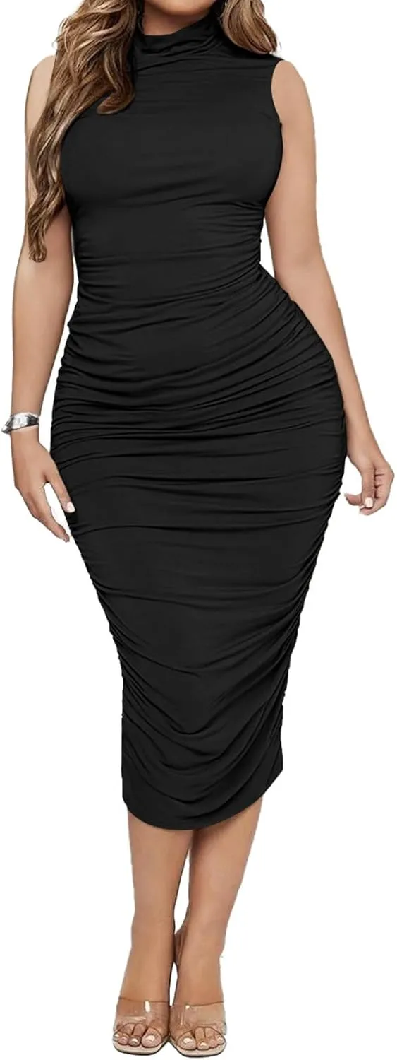 Ekaliy Women's Ruched Bodycon Midi Dress Sexy Mock Neck Sleeveless Pencil Dresses