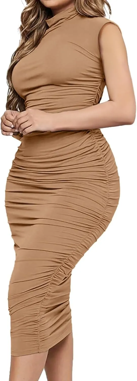 Ekaliy Women's Ruched Bodycon Midi Dress Sexy Mock Neck Sleeveless Pencil Dresses