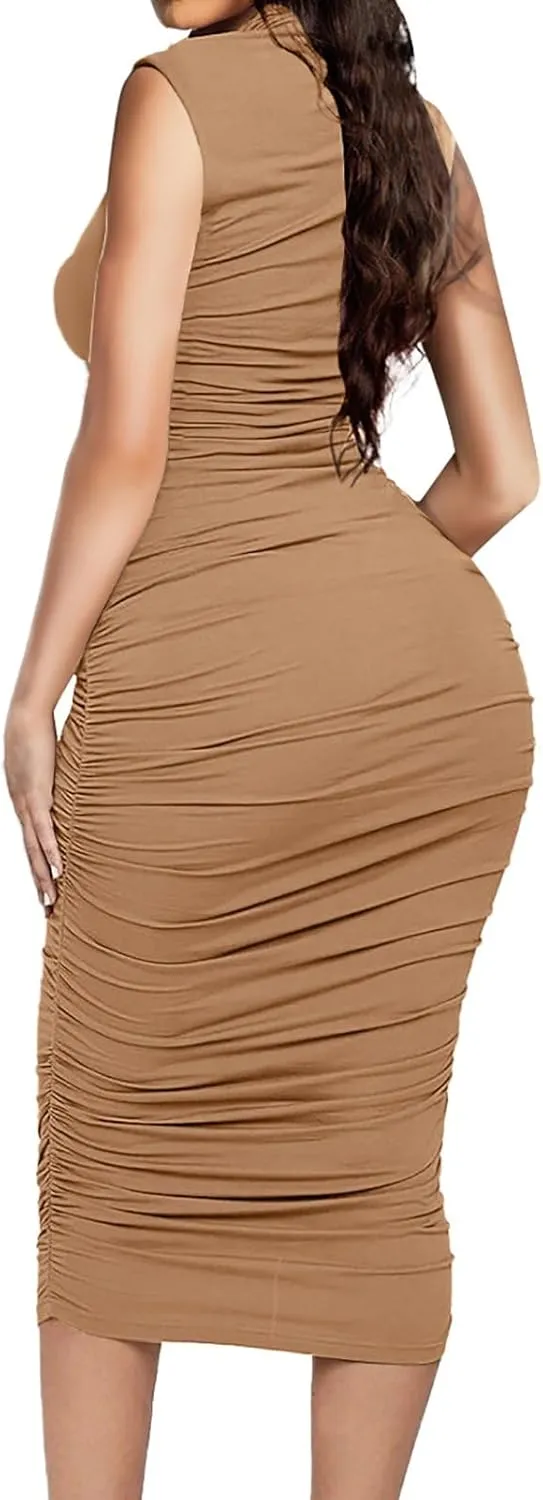 Ekaliy Women's Ruched Bodycon Midi Dress Sexy Mock Neck Sleeveless Pencil Dresses
