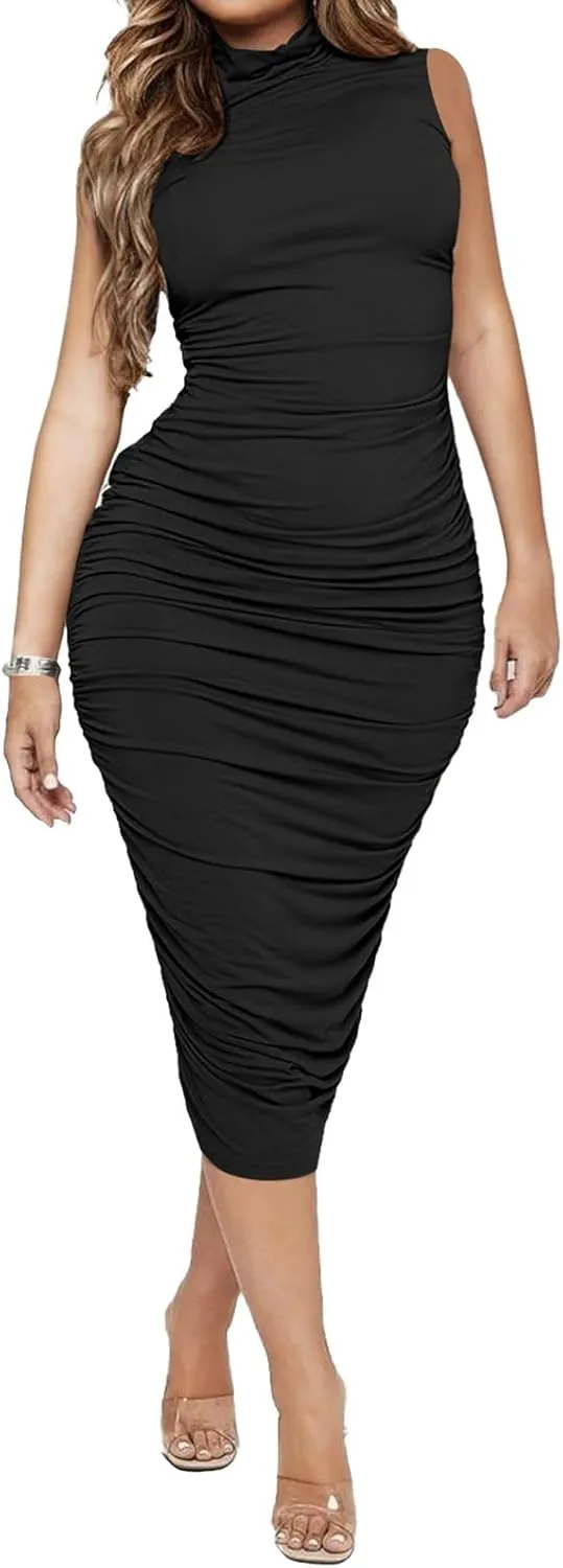 Ekaliy Women's Ruched Bodycon Midi Dress Sexy Mock Neck Sleeveless Pencil Dresses