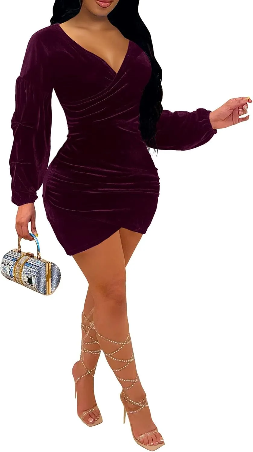 Elainone Women's Off Shoulder Wrap V Neck Velvet Bodycon Dress Ruched Long Puff Sleeve Cocktail Party Mini Dresses
