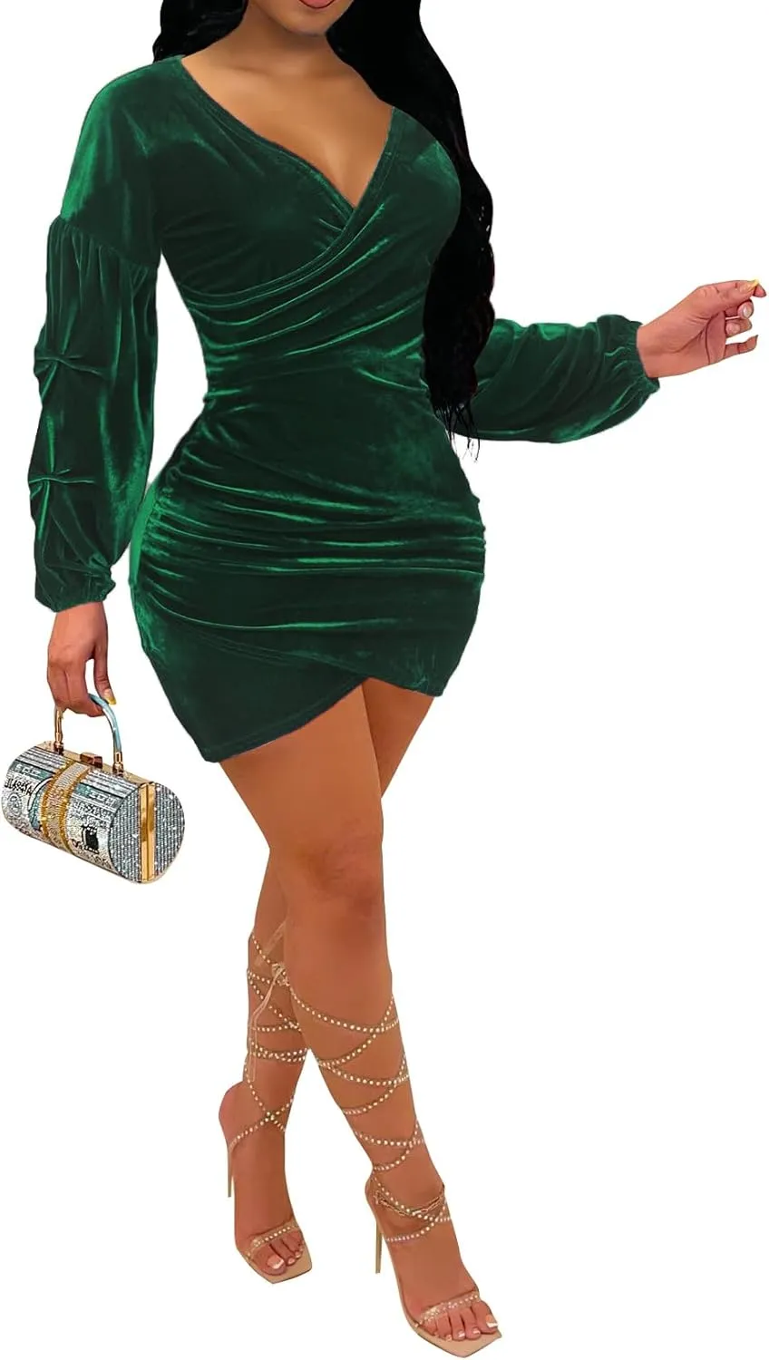 Elainone Women's Off Shoulder Wrap V Neck Velvet Bodycon Dress Ruched Long Puff Sleeve Cocktail Party Mini Dresses