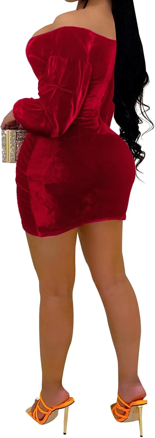 Elainone Women's Off Shoulder Wrap V Neck Velvet Bodycon Dress Ruched Long Puff Sleeve Cocktail Party Mini Dresses