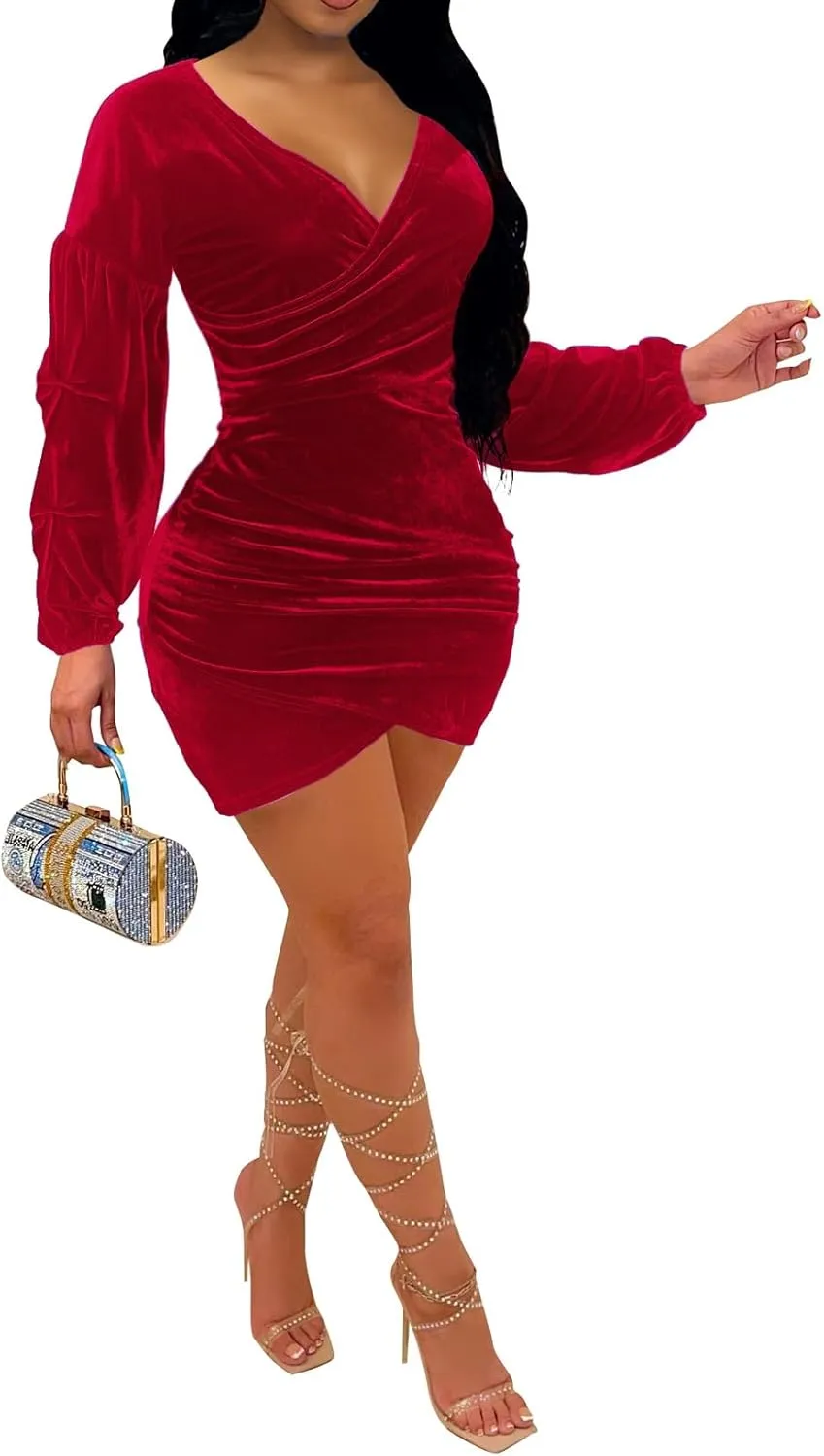 Elainone Women's Off Shoulder Wrap V Neck Velvet Bodycon Dress Ruched Long Puff Sleeve Cocktail Party Mini Dresses