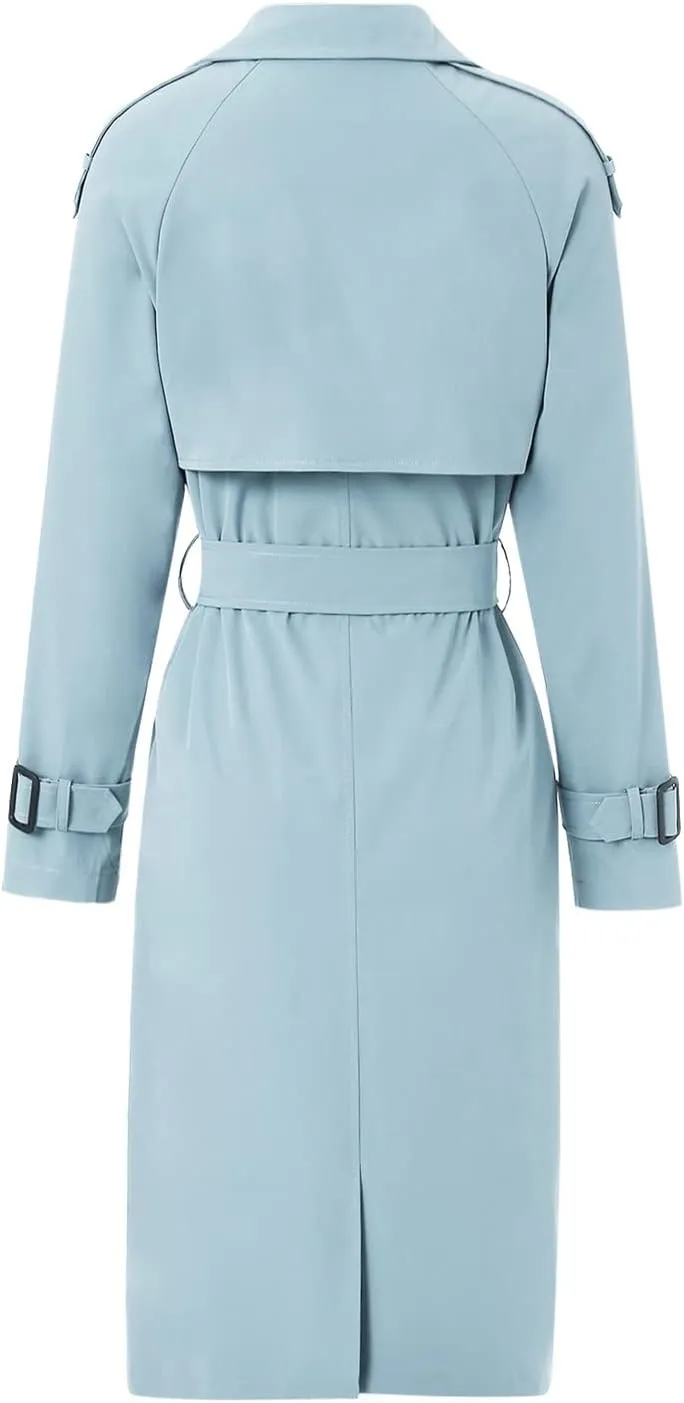 FEORJGP Women Casual Long Trench Coat Jacket Lapel Double Breasted Slim Coat Long Sleeve Overcoat with Belt Windproof Outwear