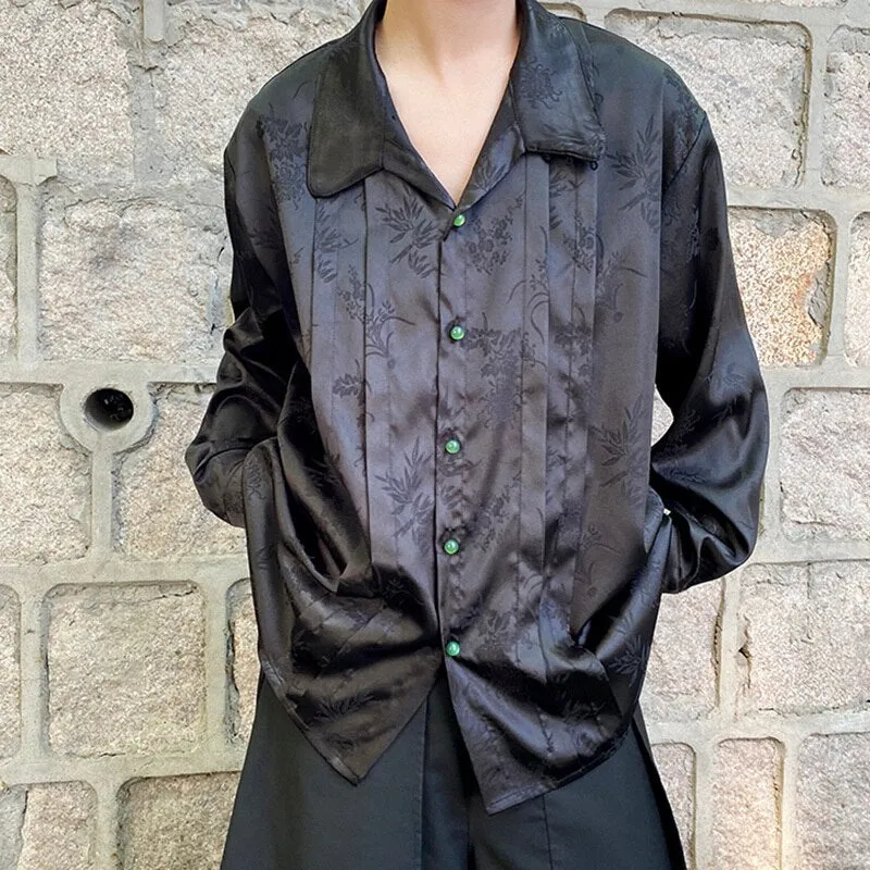 Floral Pleated Green Button Long Sleeve Shirt