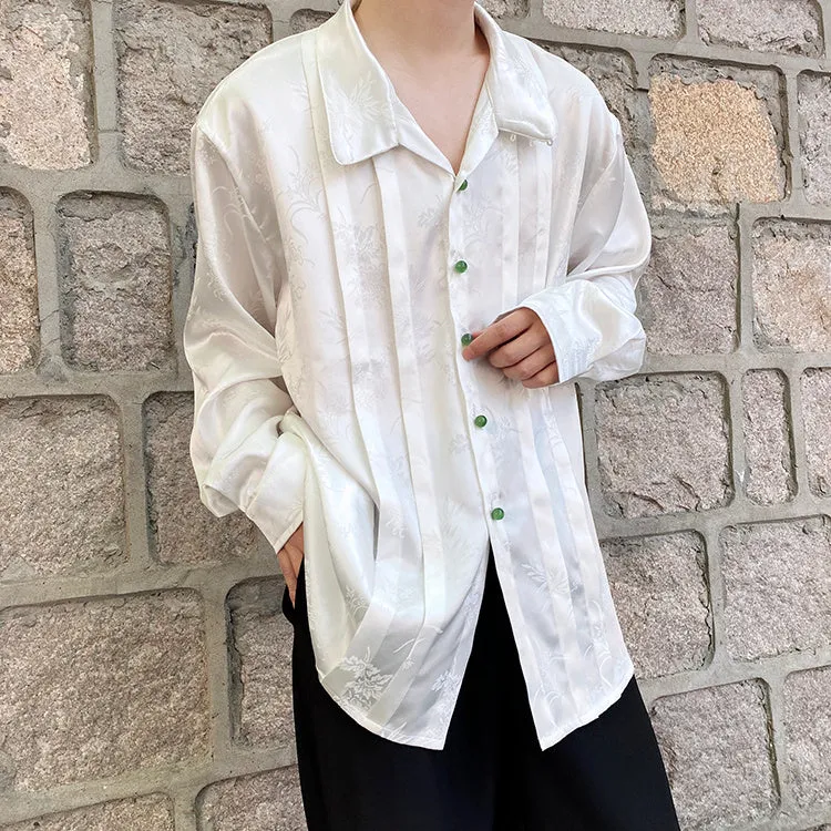 Floral Pleated Green Button Long Sleeve Shirt