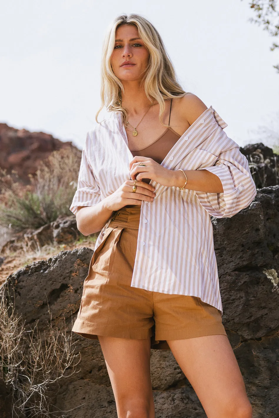 Hattie Striped Button Up in Taupe - FINAL SALE