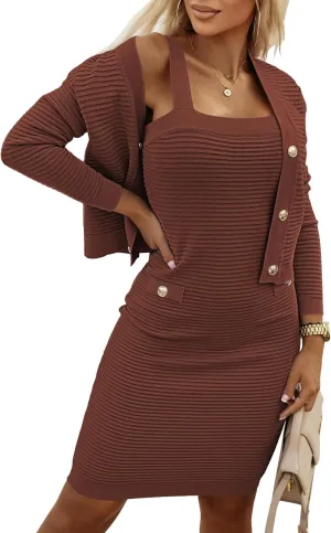 HUUSA Women's 2 Piece Sweater Outfits Sexy Sleeveless Bodycon Ribbed Dress and Long Sleeve Open Front Crop Cardigan Knit Set