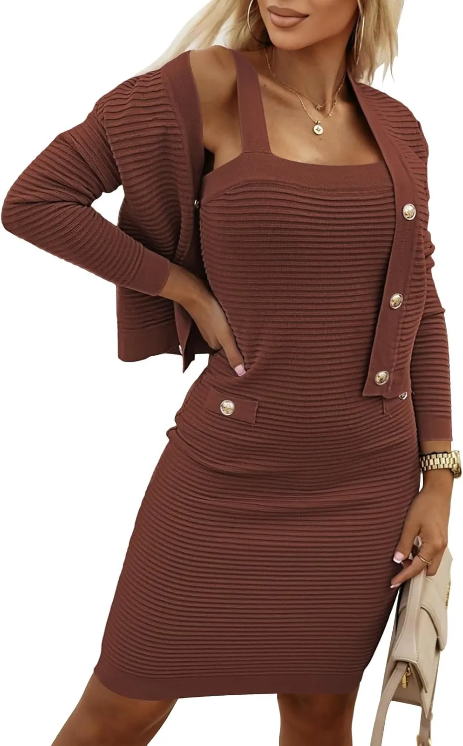 HUUSA Women's 2 Piece Sweater Outfits Sexy Sleeveless Bodycon Ribbed Dress and Long Sleeve Open Front Crop Cardigan Knit Set