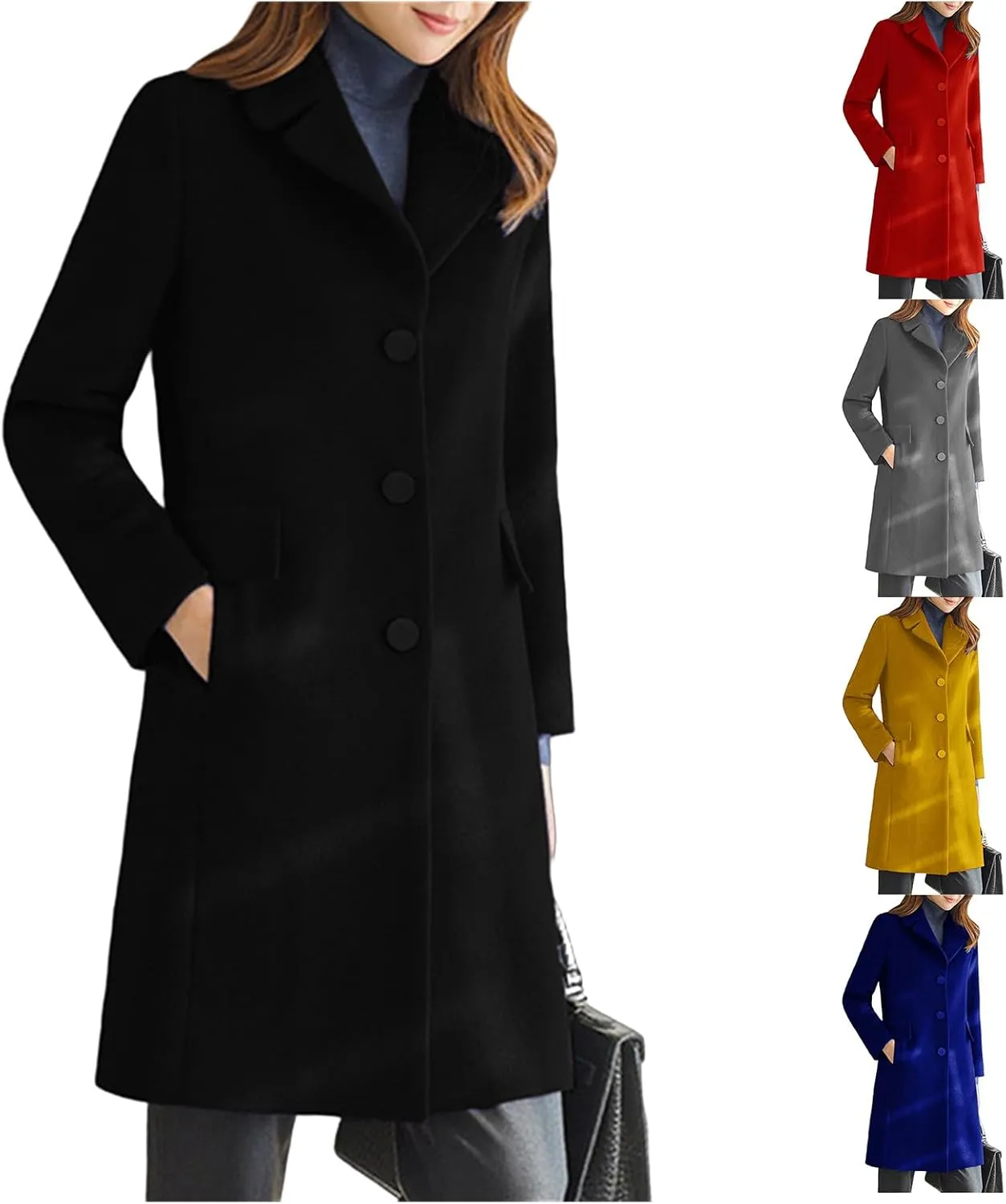Kubbon Women's Wool Blend Coat Notched Lapel Single Breasted Long Trench Coat Elegant Long Sleeve Mid Length Business Outwear