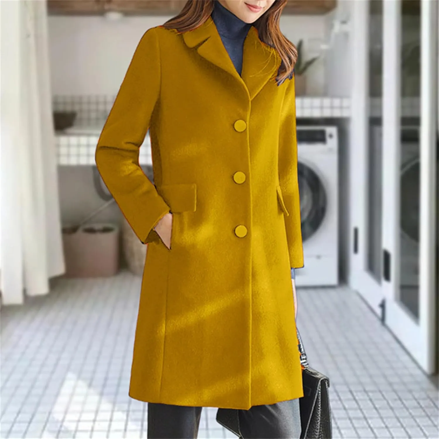 Kubbon Women's Wool Blend Coat Notched Lapel Single Breasted Long Trench Coat Elegant Long Sleeve Mid Length Business Outwear