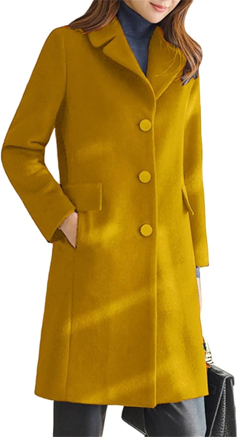 Kubbon Women's Wool Blend Coat Notched Lapel Single Breasted Long Trench Coat Elegant Long Sleeve Mid Length Business Outwear