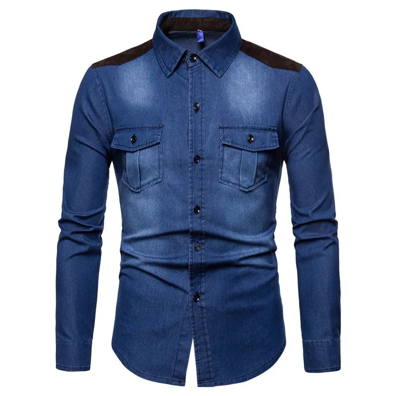 Lined Shoulder Long-Sleeved Denim Shirt