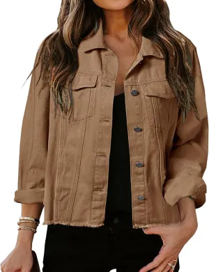 LONGBIDA Women's Jean Jacket Frayed Washed Button Up Cropped Denim Jacket With Pockets