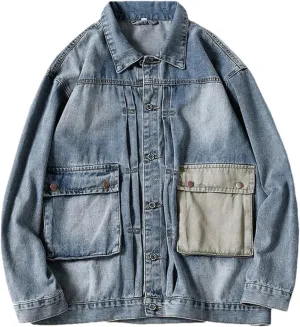 Men's Japanese Tooling Retro Washed Denim Jacket Fashion Lapel Button Down Motorcycle Jean Denim Coats