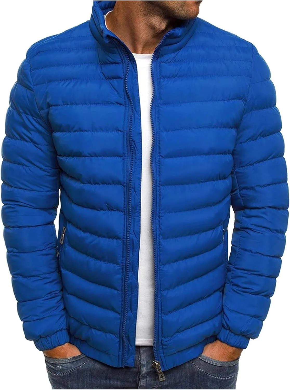 Mens Quilted Puffer Down Jacket Full Zip Stand Up Collar Jacket Warm Thick Windbreaker Winter Outwear Coat with Hood