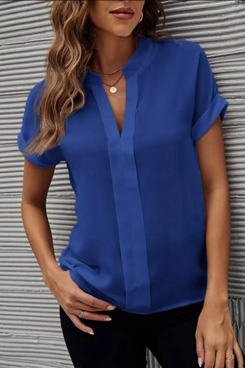 Notched Short Sleeve Blouse