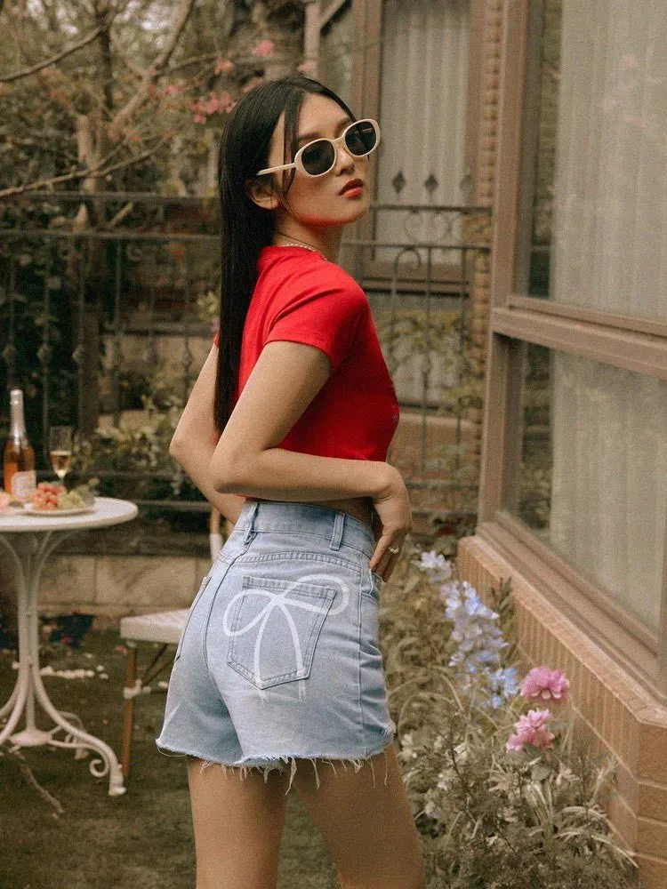 Ribbon Denim Cotton Shorts Pants
