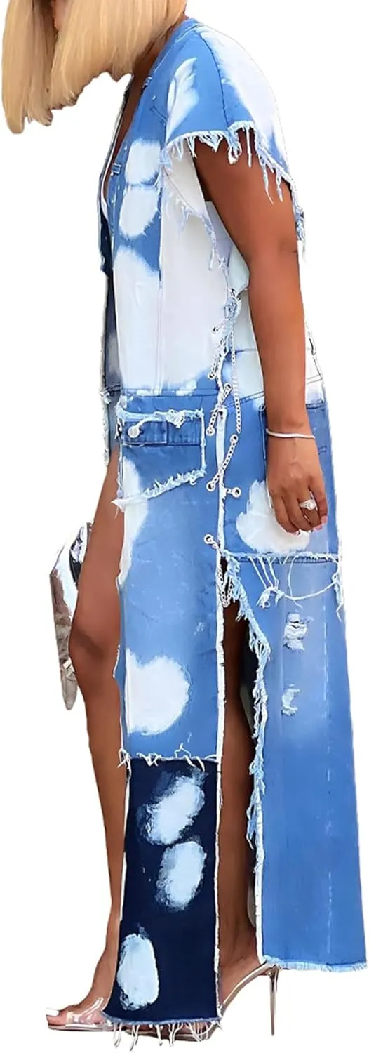 Tcremisa Women's Patchwork Denim Jacket Sleeveless Distressed Multi-Pocket Eyelet Chain Denim Trench Coat