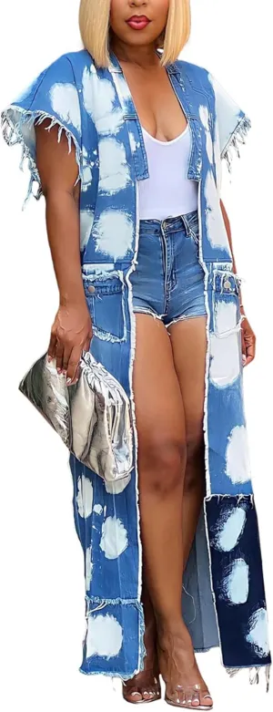 Tcremisa Women's Patchwork Denim Jacket Sleeveless Distressed Multi-Pocket Eyelet Chain Denim Trench Coat