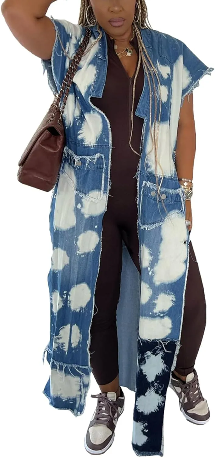 Tcremisa Women's Patchwork Denim Jacket Sleeveless Distressed Multi-Pocket Eyelet Chain Denim Trench Coat