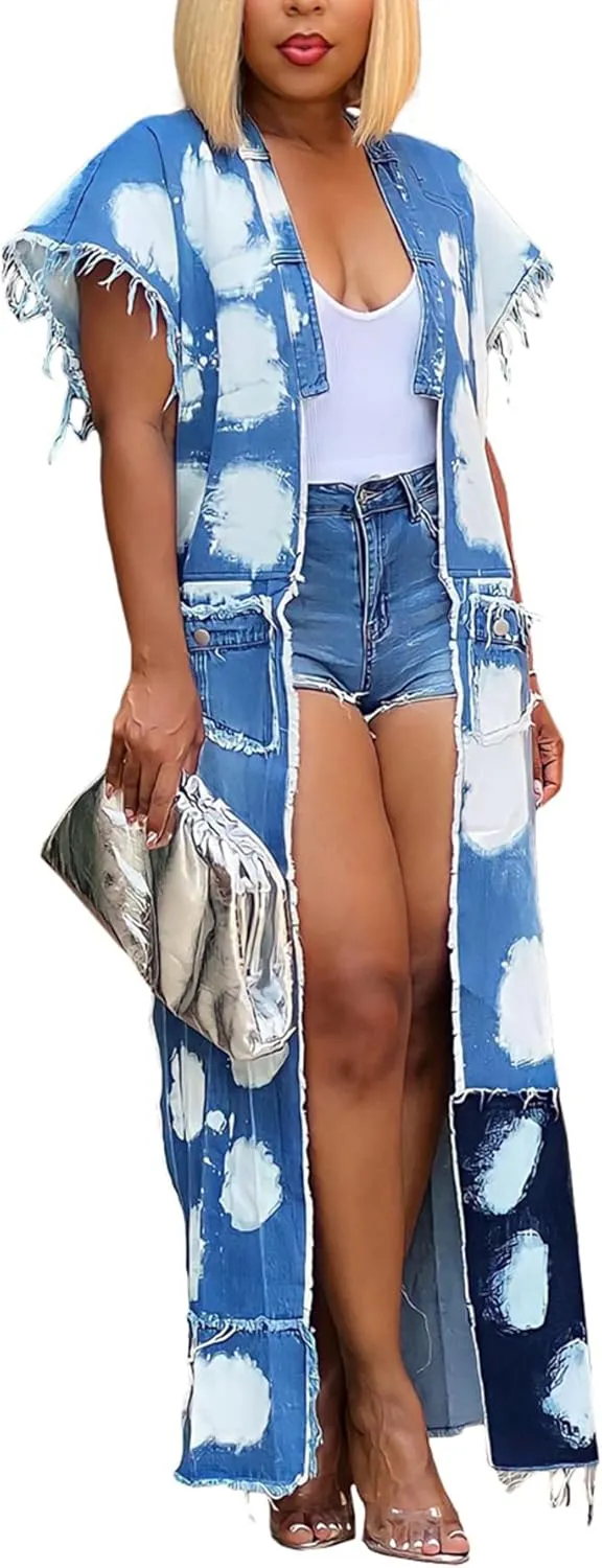 Tcremisa Women's Patchwork Denim Jacket Sleeveless Distressed Multi-Pocket Eyelet Chain Denim Trench Coat