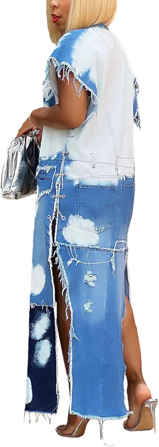 Tcremisa Women's Patchwork Denim Jacket Sleeveless Distressed Multi-Pocket Eyelet Chain Denim Trench Coat