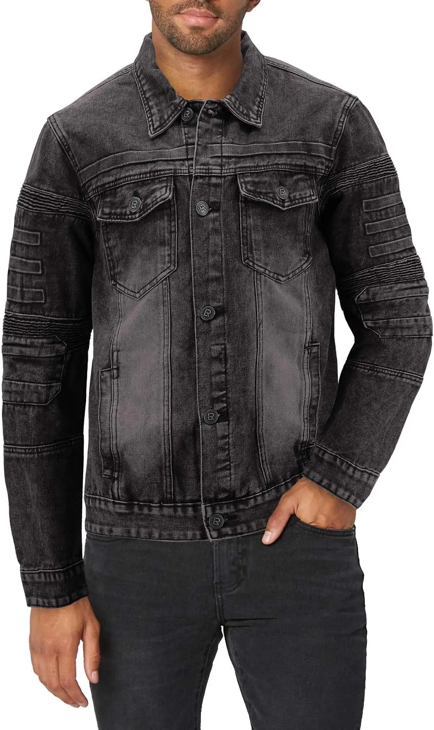 vkwear Men's Moto Quilted Cotton Blend Faded Denim Button Up Jean Jacket Slim Fit